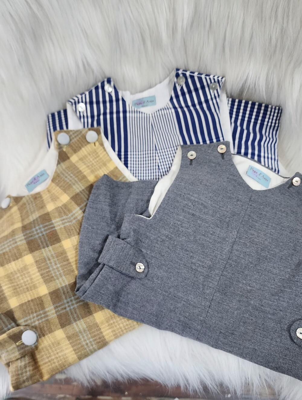 Papo d'Anjo Kids Button-Shoulder Rompers Lot 3:Gray, Yellow Plaid & Navy Stripes